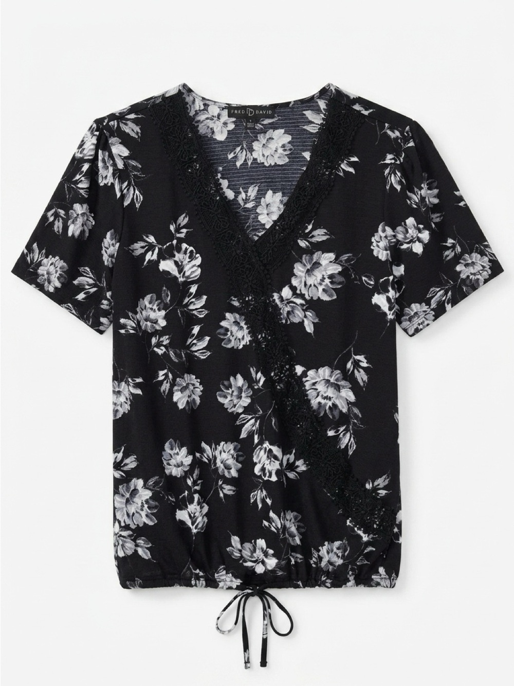 Fred David Black & White Floral Lace-Trim Faux Wrap Tie Waist V-Neck Top